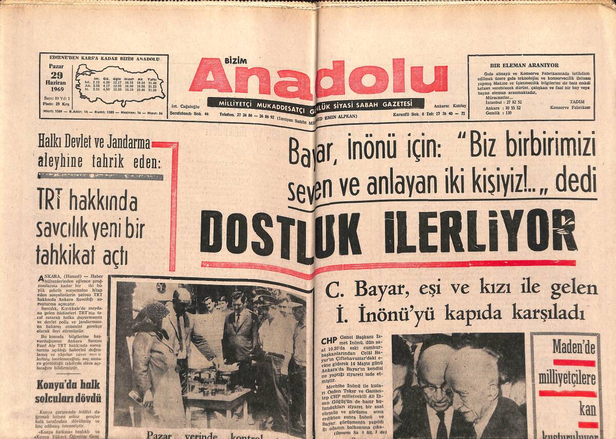 Bizim Anadolu Gazetesi 29 Haziran 1969 - Bayar, İnönü İçin: 