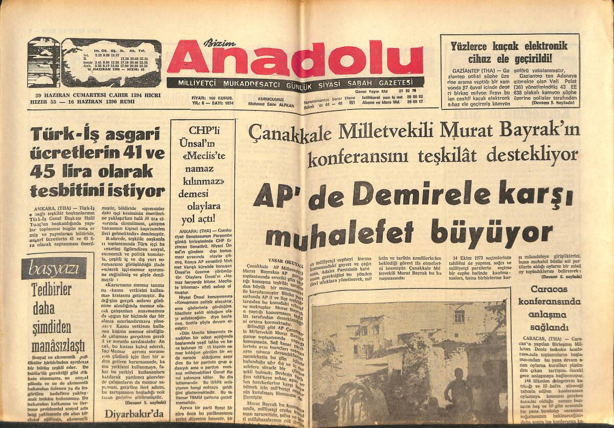 Bizim Anadolu Gazetesi 29 Haziran 1974 - Keban Kıyısındaki Bir Köy İki Aydır Devamlı Sallanıyor - Tütün Üreticileri Tekel'den Şikayetçi GZ140851 - 1