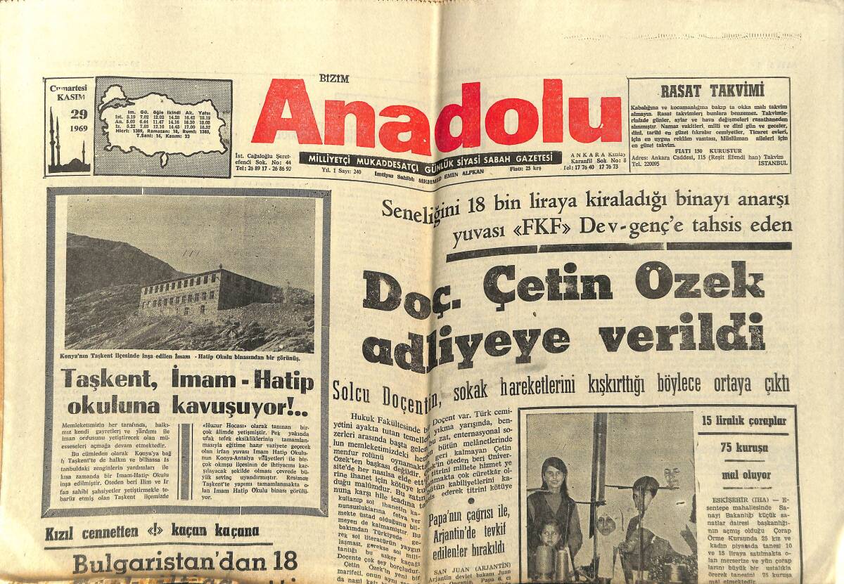 Bizim Anadolu Gazetesi 29 Kasım 1969 - Günaydın Gazetesi Protesto Ediliyor - Yeşil Sahaların Kralı Pele - Batı Trakya'da Türk Tehcirinin Sebepleri GZ140498 - 1