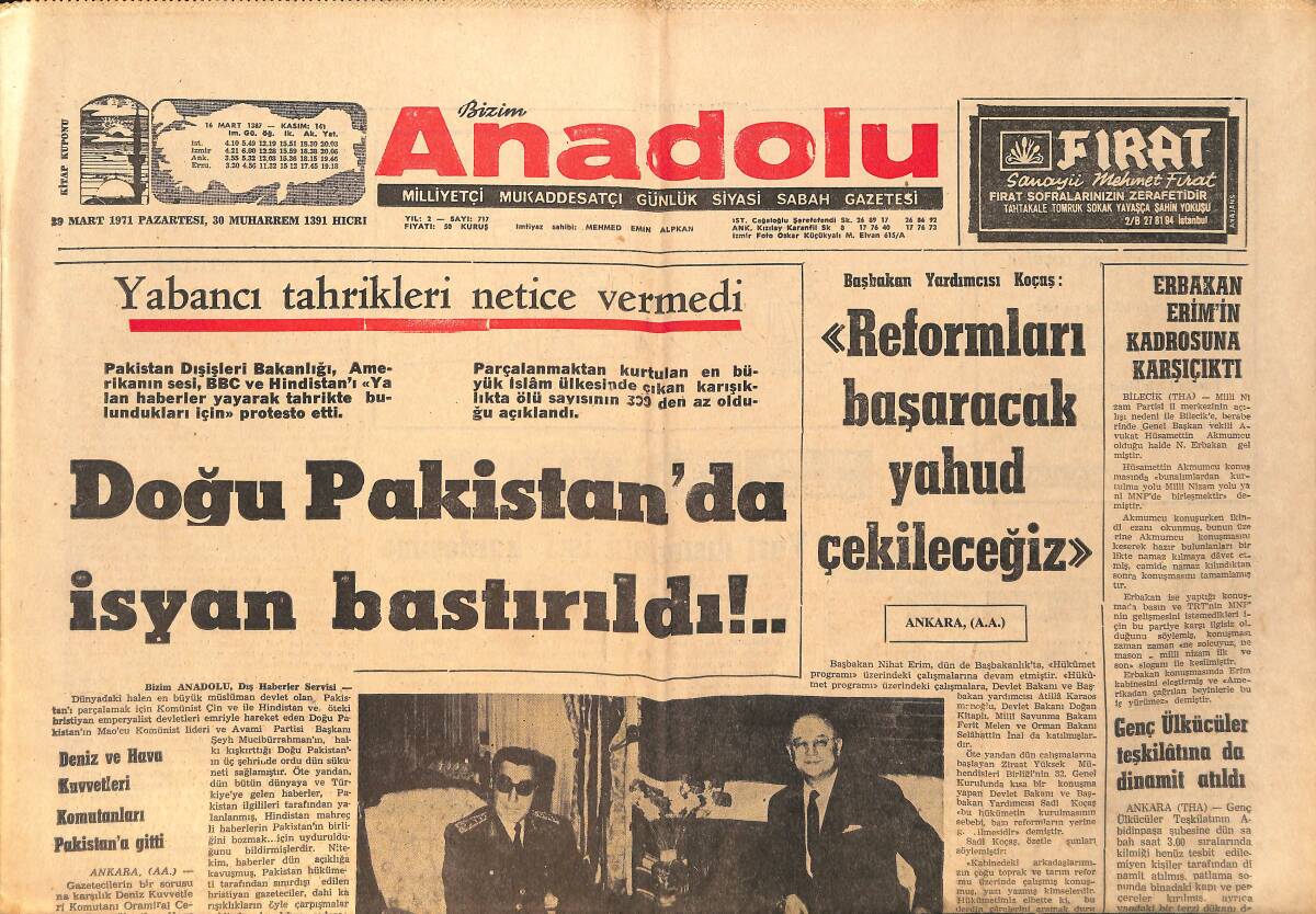 Bizim Anadolu Gazetesi 29 Mart 1971 - Doğu Pakistan'da İsyan Bastırıldı !.. - Ucuz Olmasın Diye 200 Bin Ton Balık Atılıyor GZ159175 - 1