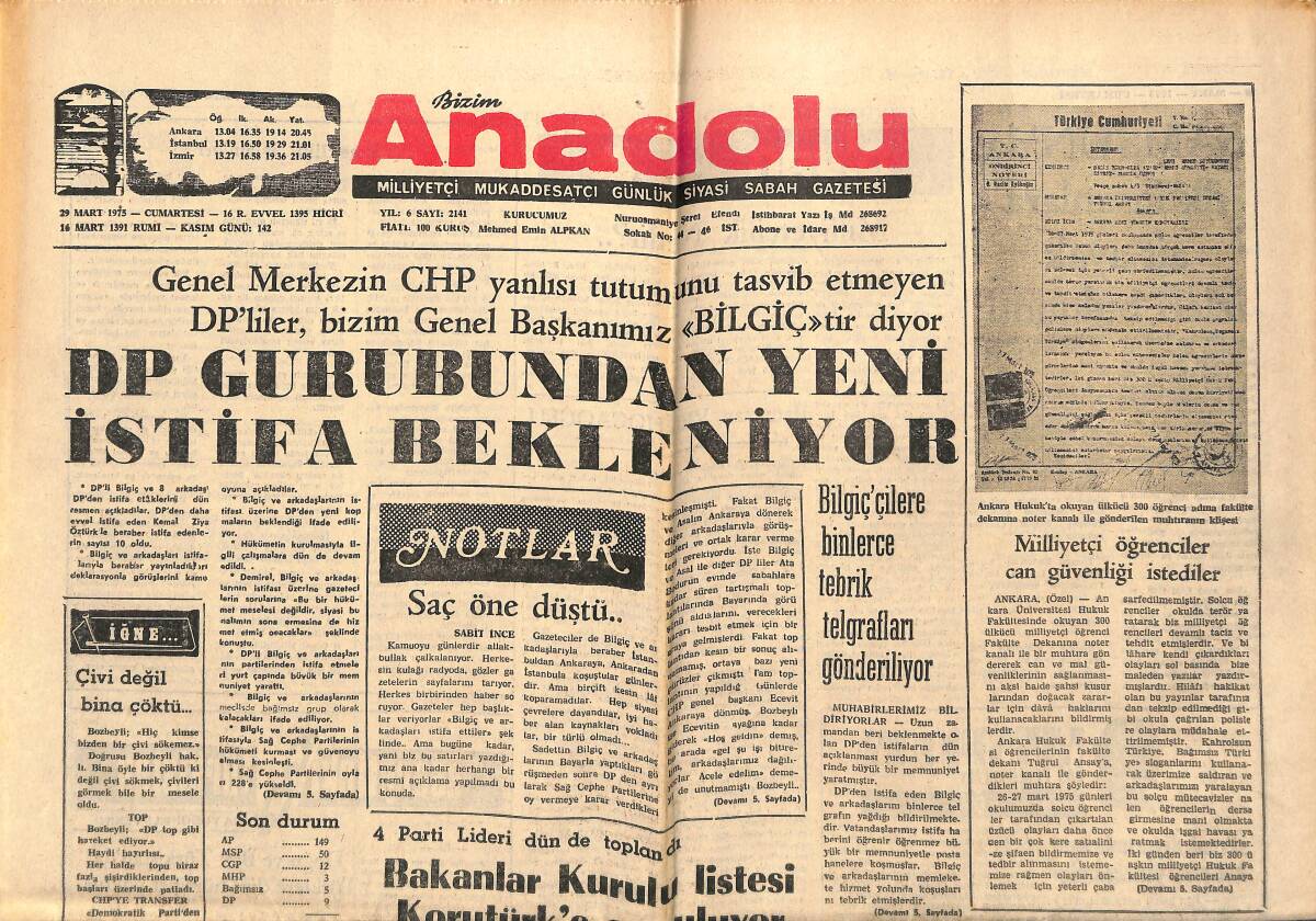 Bizim Anadolu Gazetesi 29 Mart 1975 - Faysal'ın Katili Sinir Krizleri Geçiriyor - Komünizm Aleyhtarı Yazar Rusya'da Yargılanıyor GZ140861 - 1