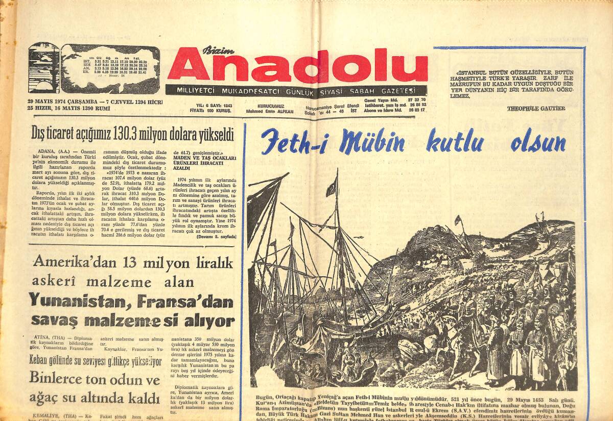 Bizim Anadolu Gazetesi 29 Mayıs 1974 - Batı Almanya'da Geniş Çapta Casus Avı Başladı - Kissinger'in Başarıları Nixon'u Sevindirdi! GZ144356 - 1