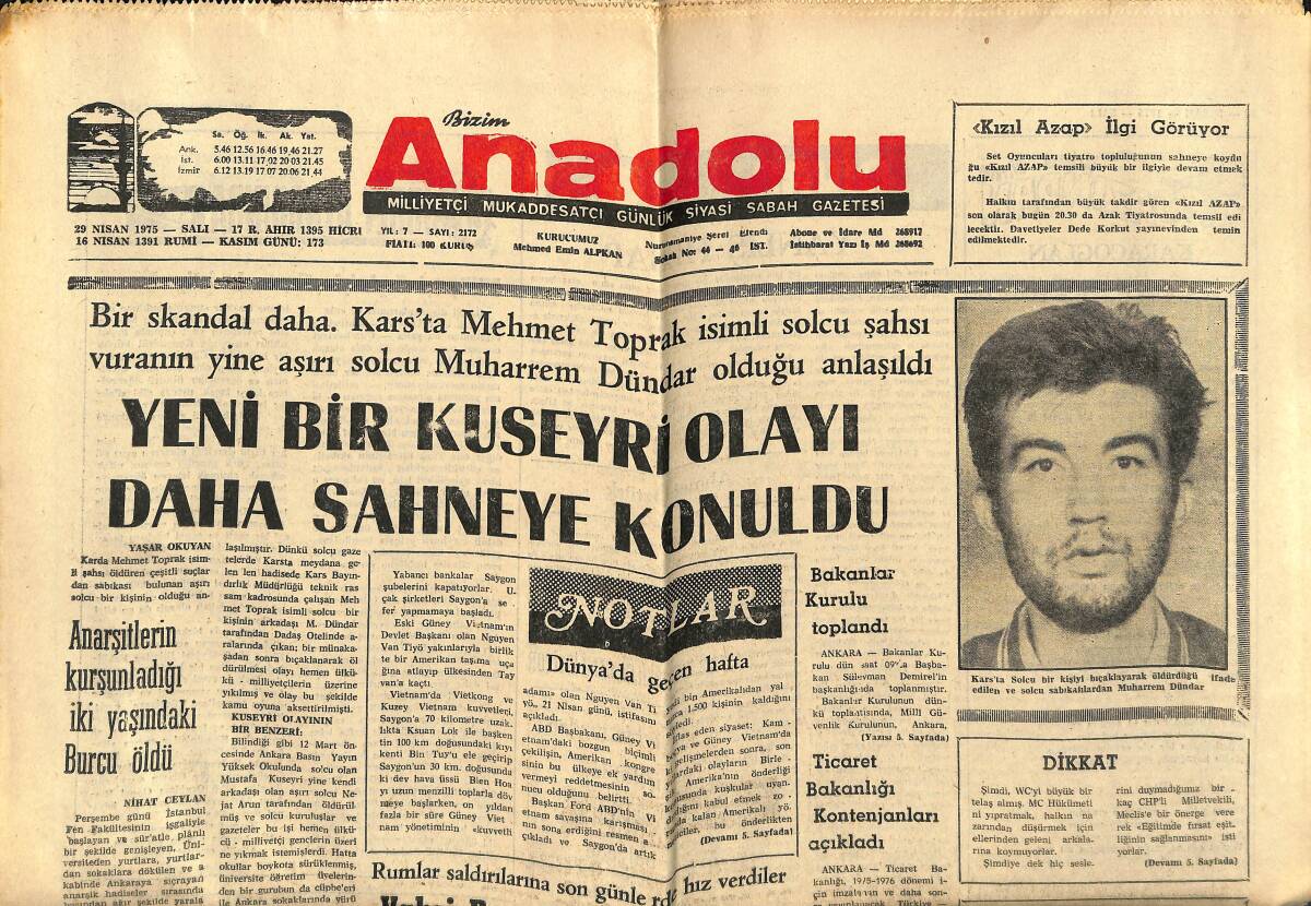 Bizim Anadolu Gazetesi 29 Nisan 1975 - Yeni Bir Kuseyri Olayı Daha Sahneye Getirildi - Milliyetçi Cepheyi Çökertmeyi İstiyorlar GZ140495 - 1