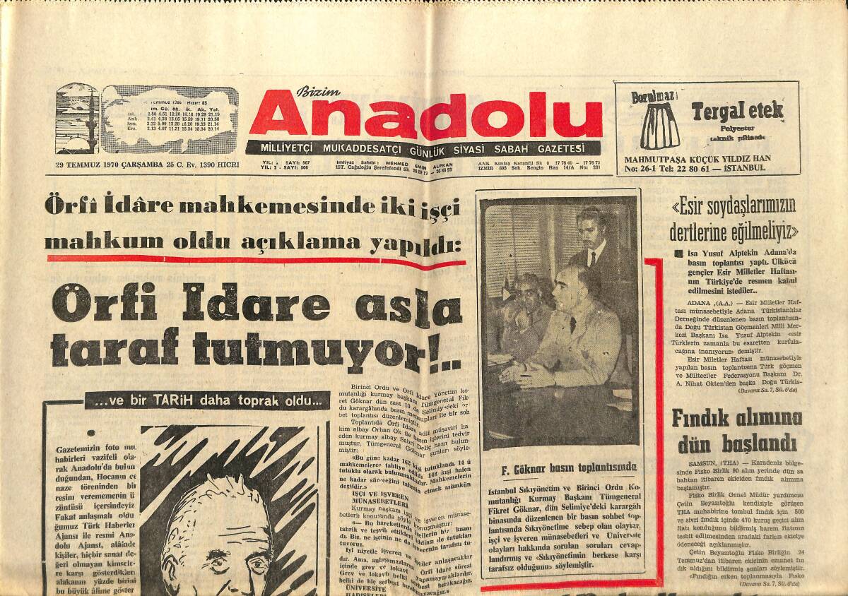 Bizim Anadolu Gazetesi 29 Temmuz 1970 - İstanbul Belediyesi Tam Bir Çiftlik Haline Geldi - İsmet Sezgin'in Kızı Hippi Kraliçesi Seçildi! GZ140634 - 1