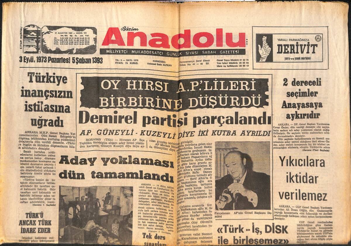 Bizim Anadolu Gazetesi 3 Eylül 1973 - Demirel Partisi Parçalandı - Eskişehir'in Kurtuluşu Kutlandı - Eczacıbaşı Yeni Sezona Avrupai Hazırlanıyor GZ138970 - 1