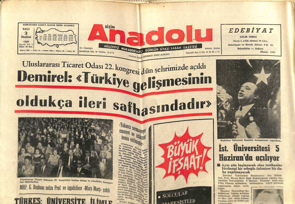 Bizim Anadolu Gazetesi 3 Haziran 1969 - İstanbul Üniversitesi 5 Haziran'da Açılıyor - Türkeş: Üniversite İlimle Değil, Politika İle Meşgul GZ141045 - 1