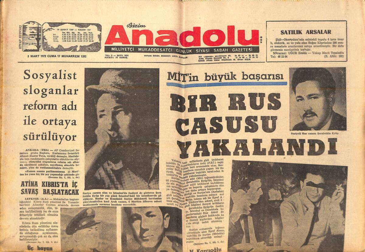 Bizim Anadolu Gazetesi 3 Mart 1972 - Atina Kıbrıs'ta İç Savaş Başlatacak - Sosyalist Sloganlar Reform Adı İle Ortaya Sürülüyor GZ138870 - 1