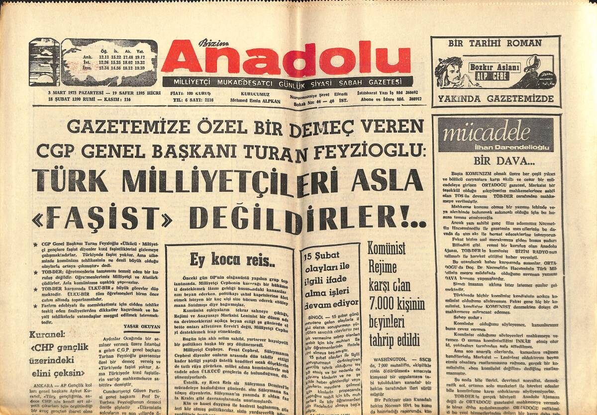 Bizim Anadolu Gazetesi 3 Mart 1975 - Türk Milliyetçileri Asla Faşist Değildirler! - Erzincan Olayları CHP'NİN Eseridir - Ecevit'in Antalya Toplantısı! GZ140662 - 1