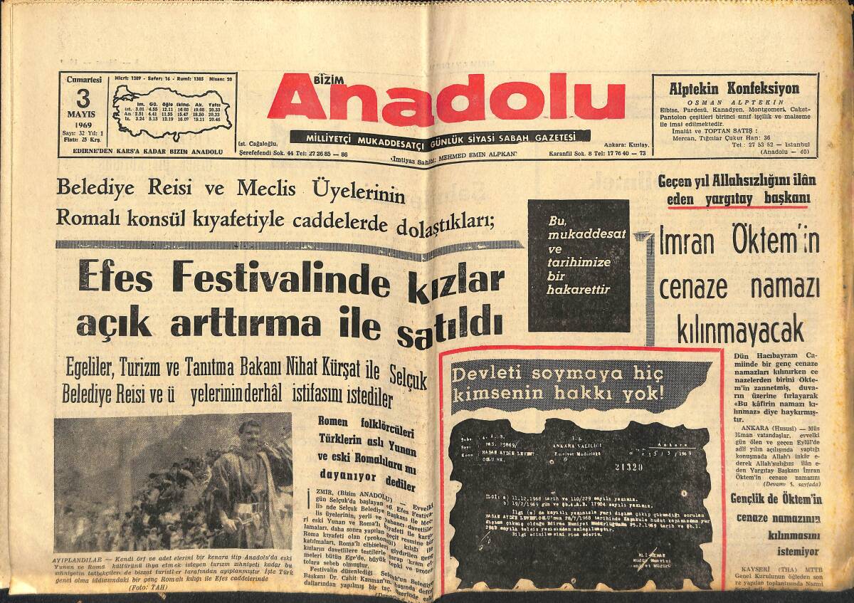 Bizim Anadolu Gazetesi 3 Mayıs 1969 - Efes Festivalinde Kızlar Açık Arttırma İle Satıldı - İmram Oktem'in Cenaze Namazı Kılınmayacak GZ141042 - 1