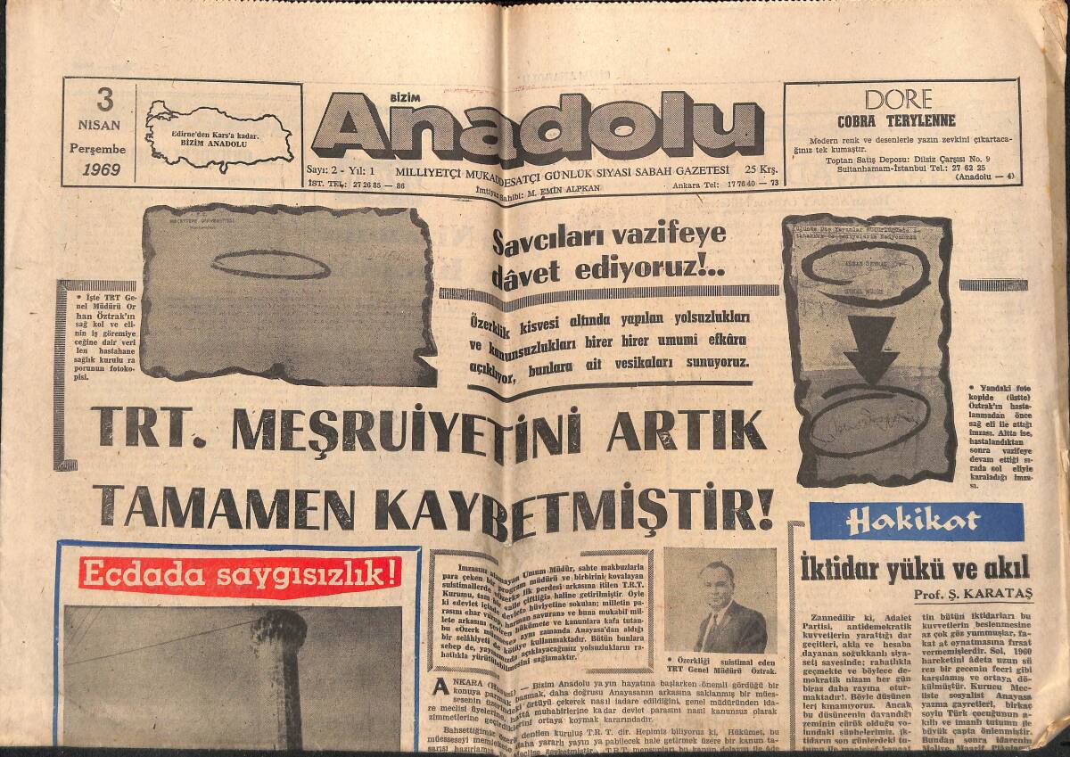 Bizim Anadolu Gazetesi 3 Nisan 1969 - TRT Meşrutiyetini Artık Tamamen Kaybetmiştir GZ140790 - 1