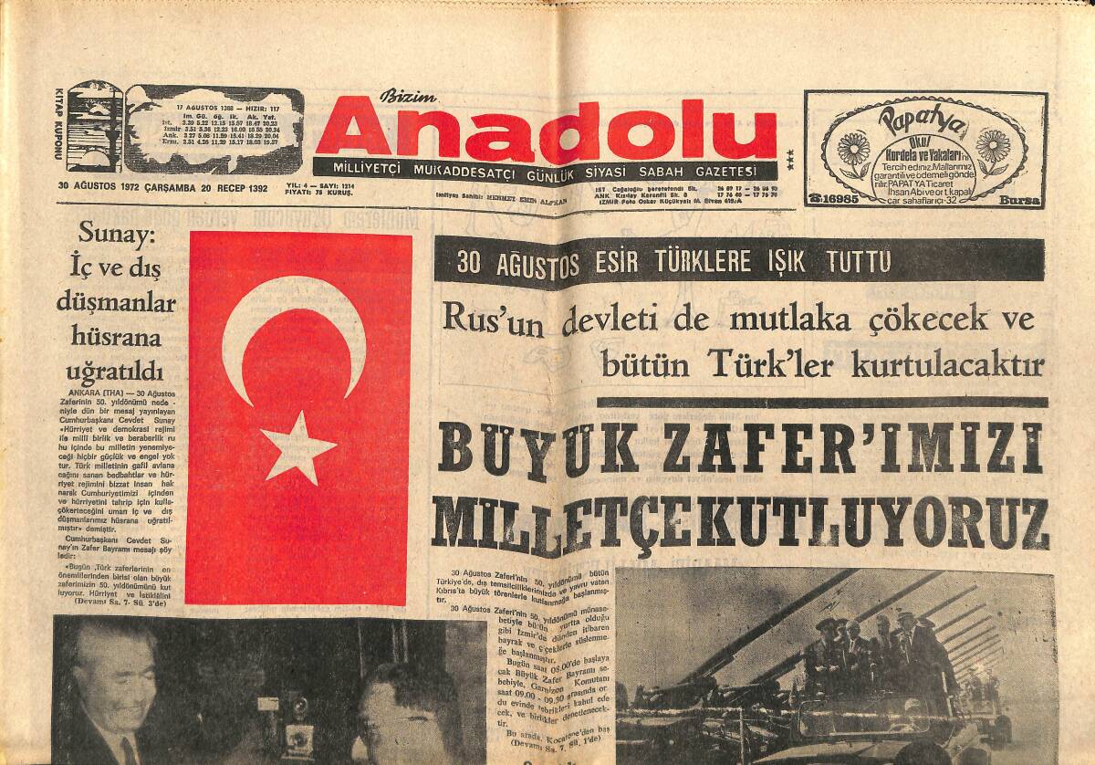Bizim Anadolu Gazetesi 30 Ağustos 1972 - Büyük Zaferimizi Milletçe Kutluyoruz - Galatasaray Fenerbahçe Bu Gece Oynuyor GZ141026 - 1