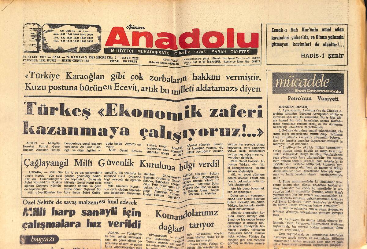Bizim Anadolu Gazetesi 30 Eylül 1975 - İspanya'daki İdamların Tepkileri Devam Ediyor - Ecevit Milleti Kışkırtıyor GZ158731 - 1