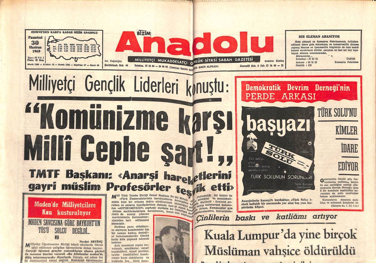 Bizim Anadolu Gazetesi 30 Haziran 1969 - Türk Solu'nu Kimler İdare Ediyor - Komünizme Karşı Milli Cephe Şart! - Kupa Galatasaray'ın! GZ140985 - 1