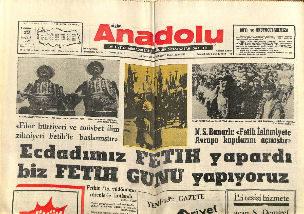 Bizim Anadolu Gazetesi 30 Mayıs 1969 - Ecdadımız Fetih Yapardı Biz Fetih Günü Yapıyoruz - Kız İmam-Hatip Okulu İstiyoruz GZ141047 - 1