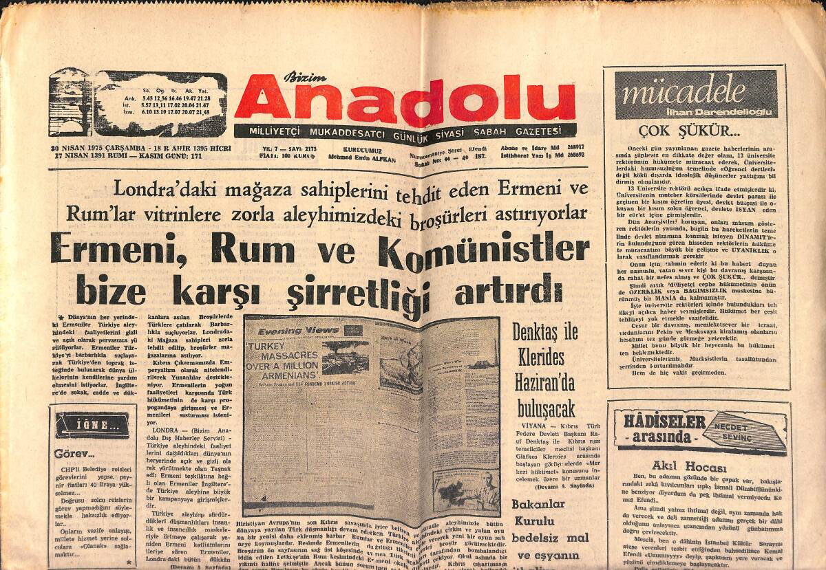 Bizim Anadolu Gazetesi 30 Nisan 1975 - Darendeli'nin Konferans Notları - Ermeni,Rum Ve Komünistler Bize Karşı Şirretliği Artırdı GZ140827 - 1