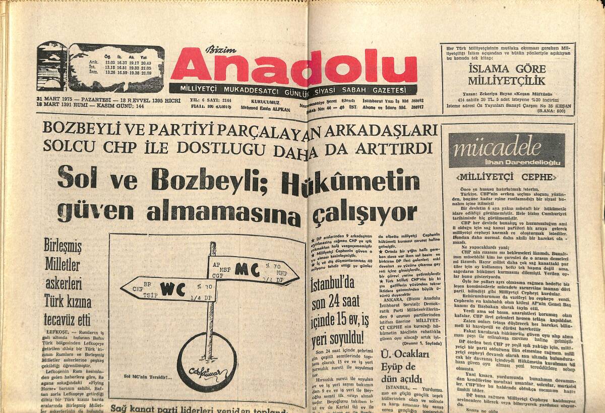 Bizim Anadolu Gazetesi 31 Ağustos 1975 - Birleşmiş Milletler Askeri Türk Kızına Saldırdı - Trabzon C. Ortaokulunda Kızıl Faaliyetler GZ141024 - 1