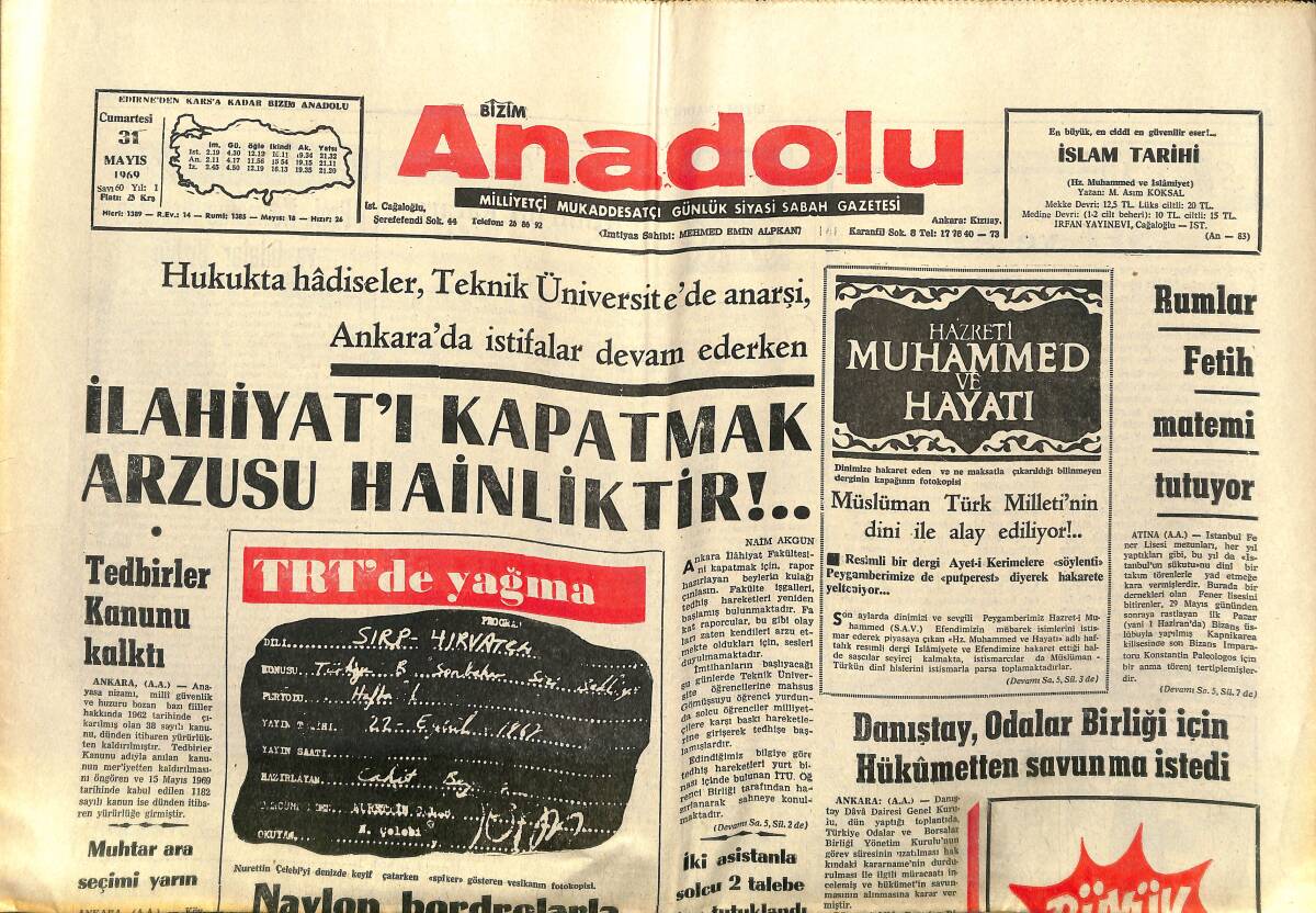 Bizim Anadolu Gazetesi 31 Mayıs 1969 - Rumlar Fetih Matemi Tutuyor - Isparta Duvarlarına Yazı Yazan Komünistler En Ağır Cezaya Çarptırılacak GZ141048 - 1