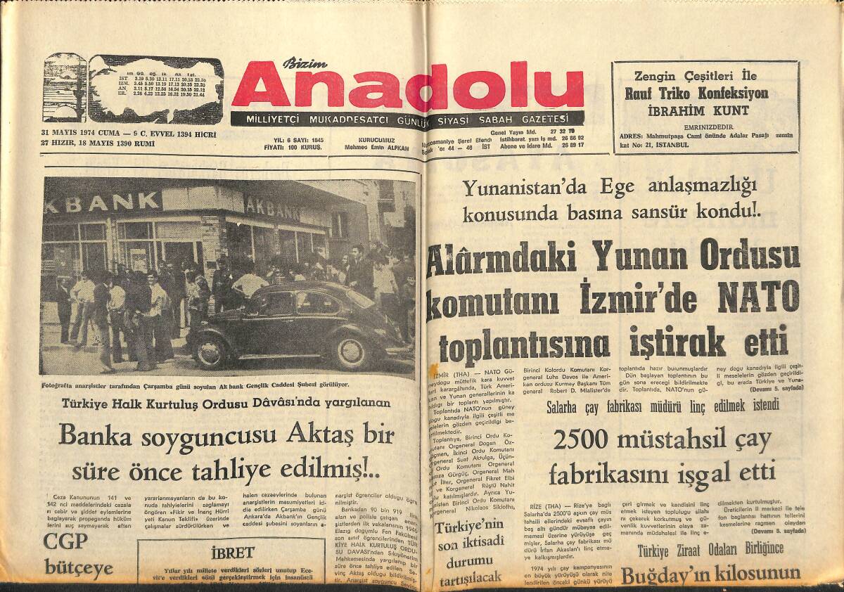 Bizim Anadolu Gazetesi 31 Mayıs 1974 - İstanbul-Suriye Anlaşmasından Gerillalar Zararlı Çıktılar !... GZ140775 - 1