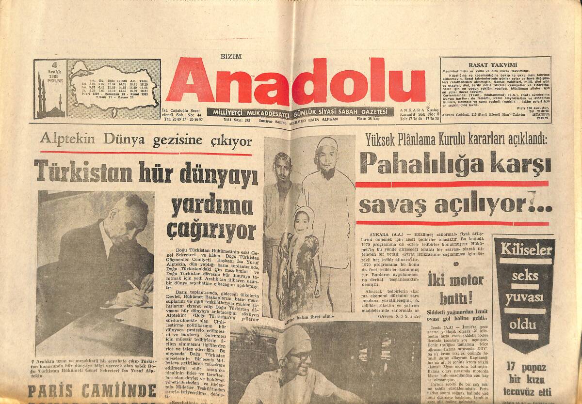 Bizim Anadolu Gazetesi 4 Aralık 1969 - Türkistan Hür Dünyayı Yardıma Çağırıyor - Paris Camiinde Bomba Patladı - Yüz Yıllık Süveyş GZ140706 - 1