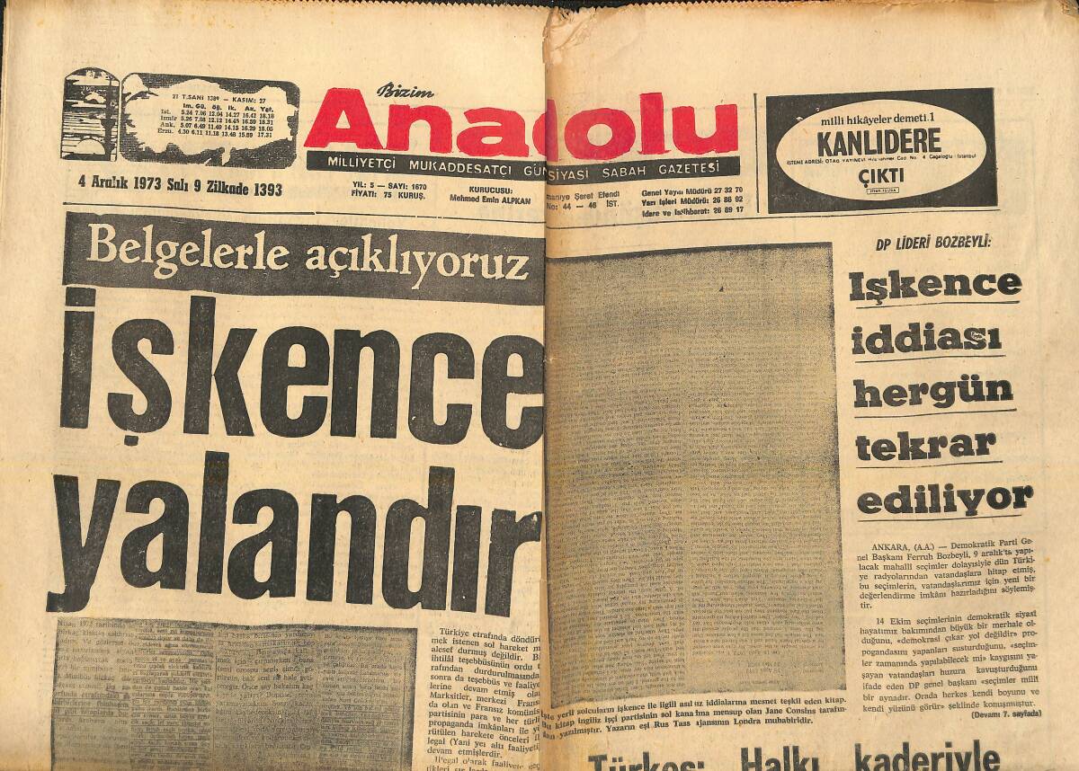 Bizim Anadolu Gazetesi 4 Aralık 1973 - Belgelerle Açıklıyoruz 