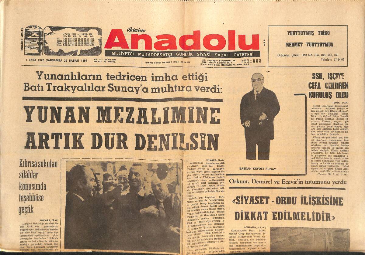 Bizim Anadolu Gazetesi 4 Ekim 1972 - SSK, İşçiye Cefa Çektiren Kuruluş Oldu - Kıbrıs'a Sokulan Silahlar Konusunda Teşebbüse Başladık GZ138910 - 1