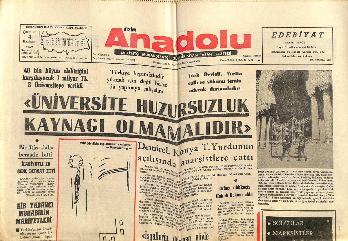 Bizim Anadolu Gazetesi 4 Haziran 1969 - Demirel, Konya T. Yurdunun Açılışında Anarşistlere Çattı - Türkiye Kupası Yarı Finali Fenerbahçe Galatasaray GZ141046 - 1