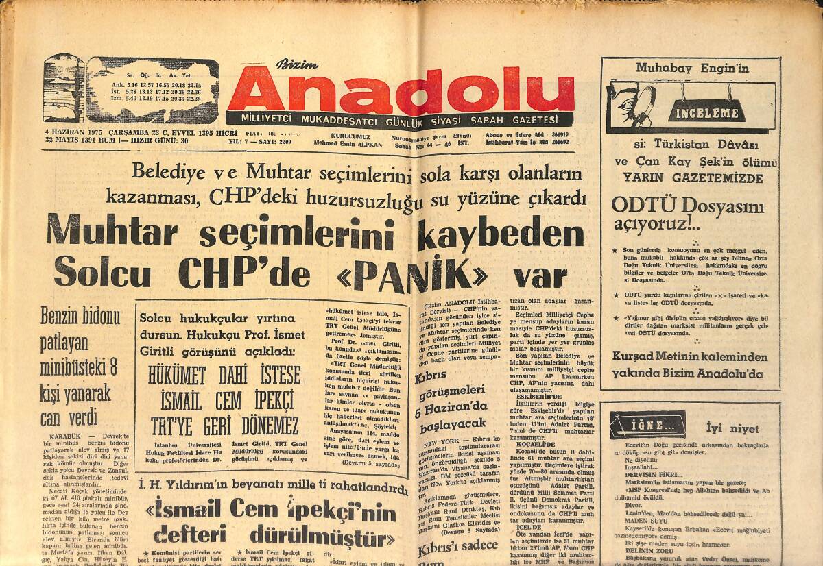 Bizim Anadolu Gazetesi 4 Haziran 1975 - Korutürk Ve İran Şahı Tercümansız Görüştüler GZ158717 - 1