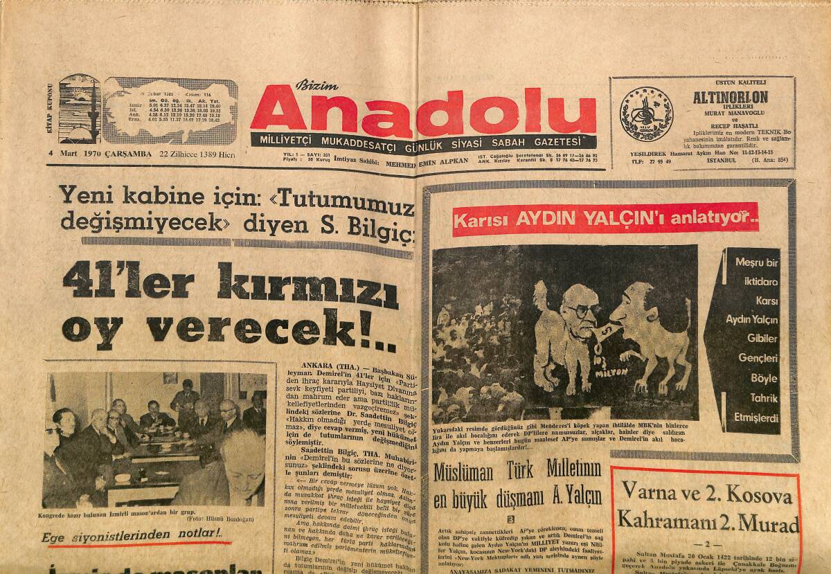 Bizim Anadolu Gazetesi 4 Mart 1970 - Metin Oktay: Perşembenin Gelişi Çarşambadan Bellidir - Kıbrıs Polisleri Atina'da Yetişiyor GZ149819 - 1