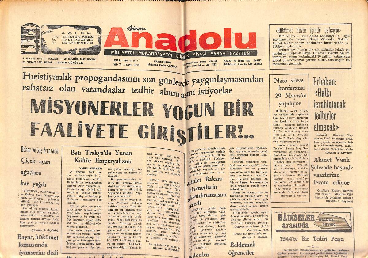 Bizim Anadolu Gazetesi 4 Mayıs 1975 - TRT'nin Ülkenin Birliğini Sarsıcı Yayınları Arttı GZ140824 - 1