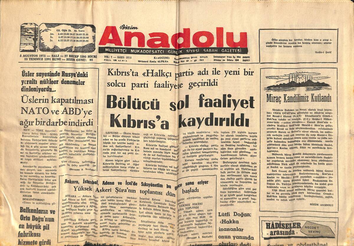 Bizim Anadolu Gazetesi 5 Ağustos 1975 - Etopya'da 20 Kişi İdam Edildi - Bölücü Sol Faaliyet Kıbrıs'a Kaydırıldı GZ140778 - 1