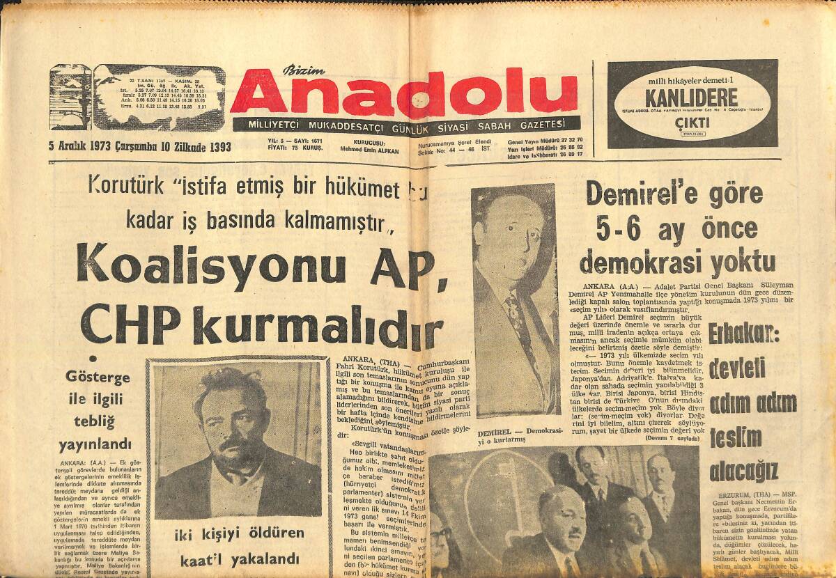 Bizim Anadolu Gazetesi 5 Aralık 1971 - Erbakan: Devleti Adım Adım Teslim Edeceğiz - 300 Lise Öğrencisi Direnişe Başvurdu GZ138953 - 1