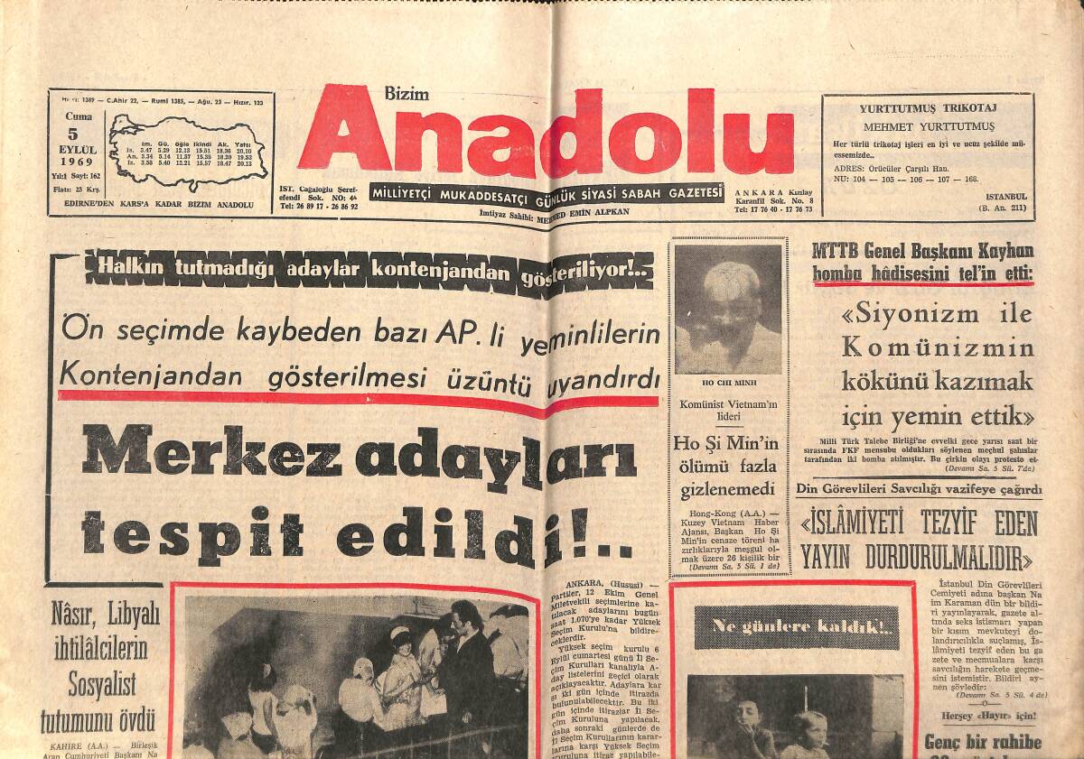 Bizim Anadolu Gazetesi 5 Eylül 1969 - Ho Şi Min'in Ölümü Fazla Gizlenemedi - Merkez Adayları Tesbit Edildi !.. GZ141072 - 1