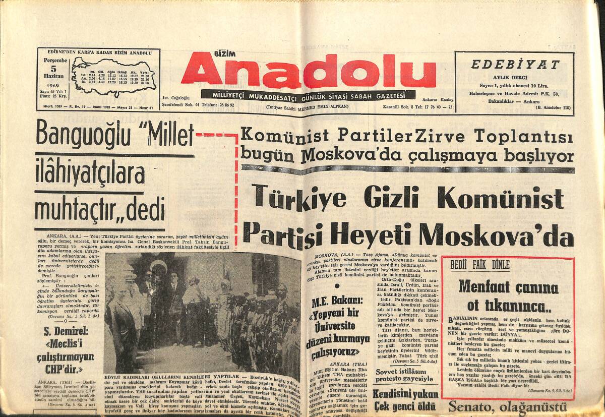 Bizim Anadolu Gazetesi 5 Haziran 1969 - Türkiye Gizli Komünist Partisi Heyeti Moskova'da - Vehbi Koç'un Kızı Evlenirken Fransa'dan Domuz Getirildi GZ141032 - 1