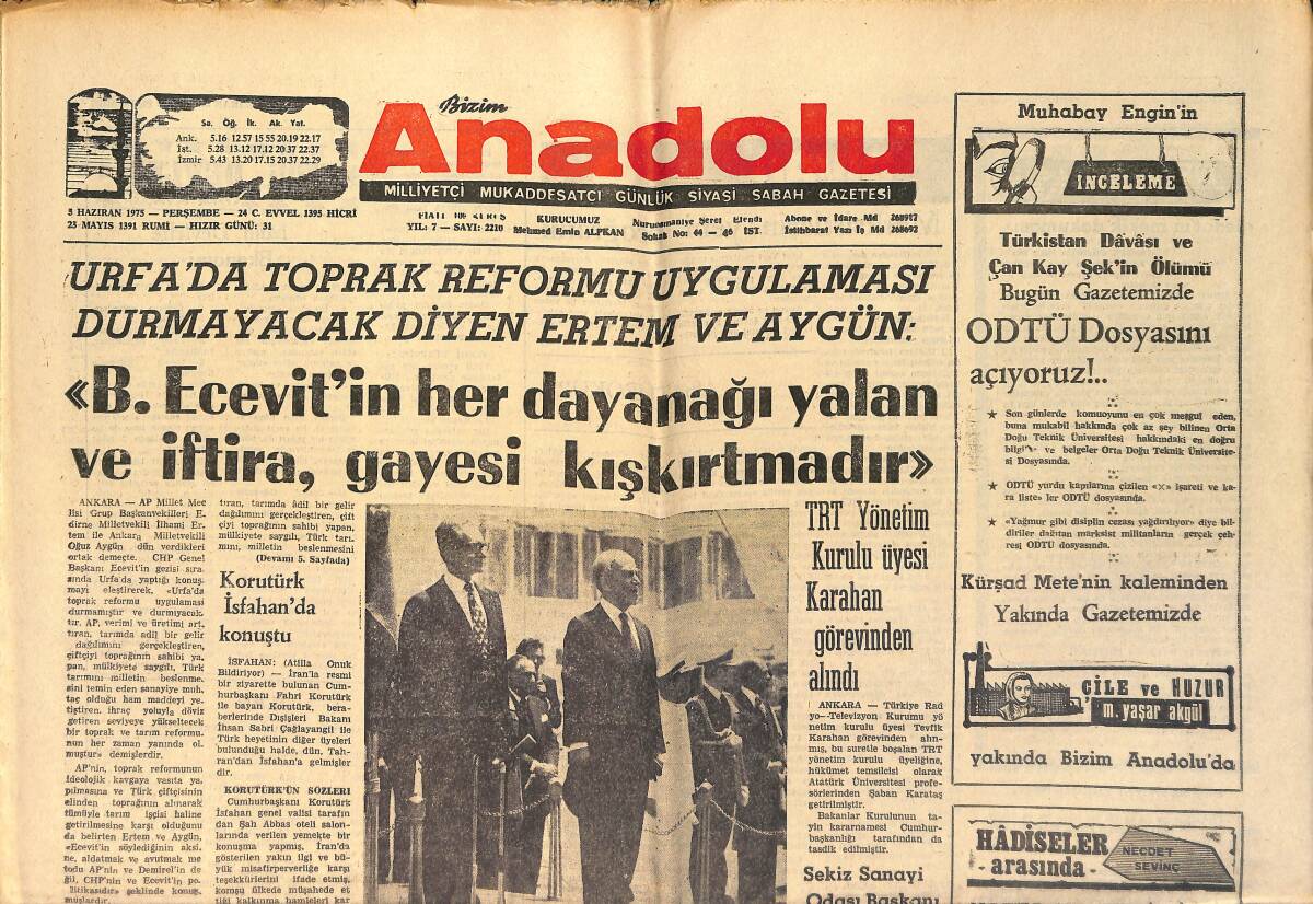 Bizim Anadolu Gazetesi 5 Haziran 1975 - TRT Yönetim Kurulu Üyesi Karahan Görevinden Alındı GZ158719 - 1