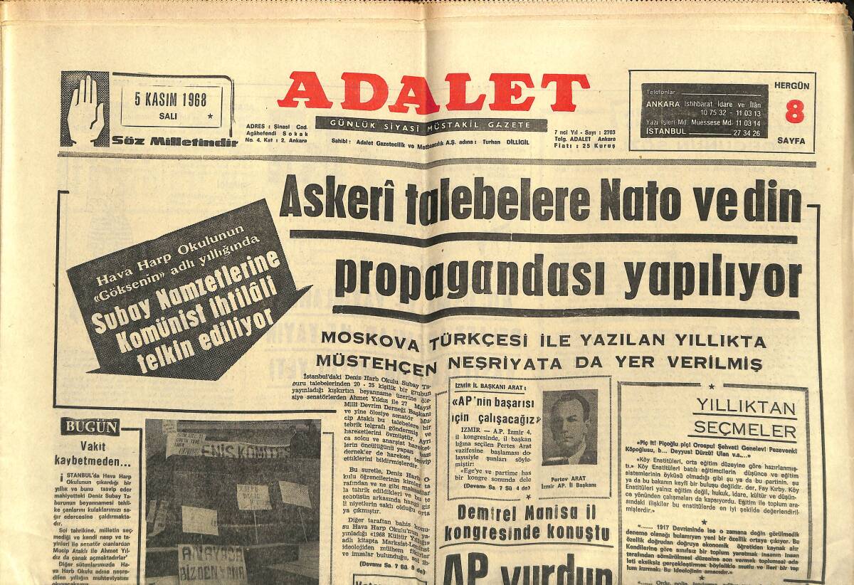 Bizim Anadolu Gazetesi 5 Kasım 1968 - Askeri Talebelere NATO Ve Din Propagandası Yapılıyor - Ilgaz: Galatasaray'ı Yenersek Ayağa Kalkarız GZ141025 - 1
