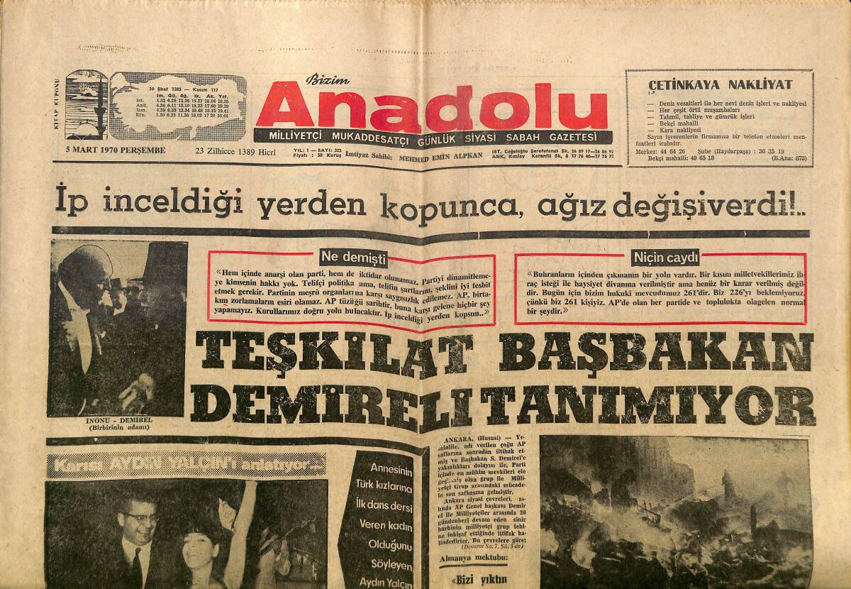 Bizim Anadolu Gazetesi 5 Mart 1970 - Teşkilat Başbakan Demirel'i Tanımıyor - Solcular Üniversite'de Rus Filmi Oynatıyorlar GZ149821 - 1