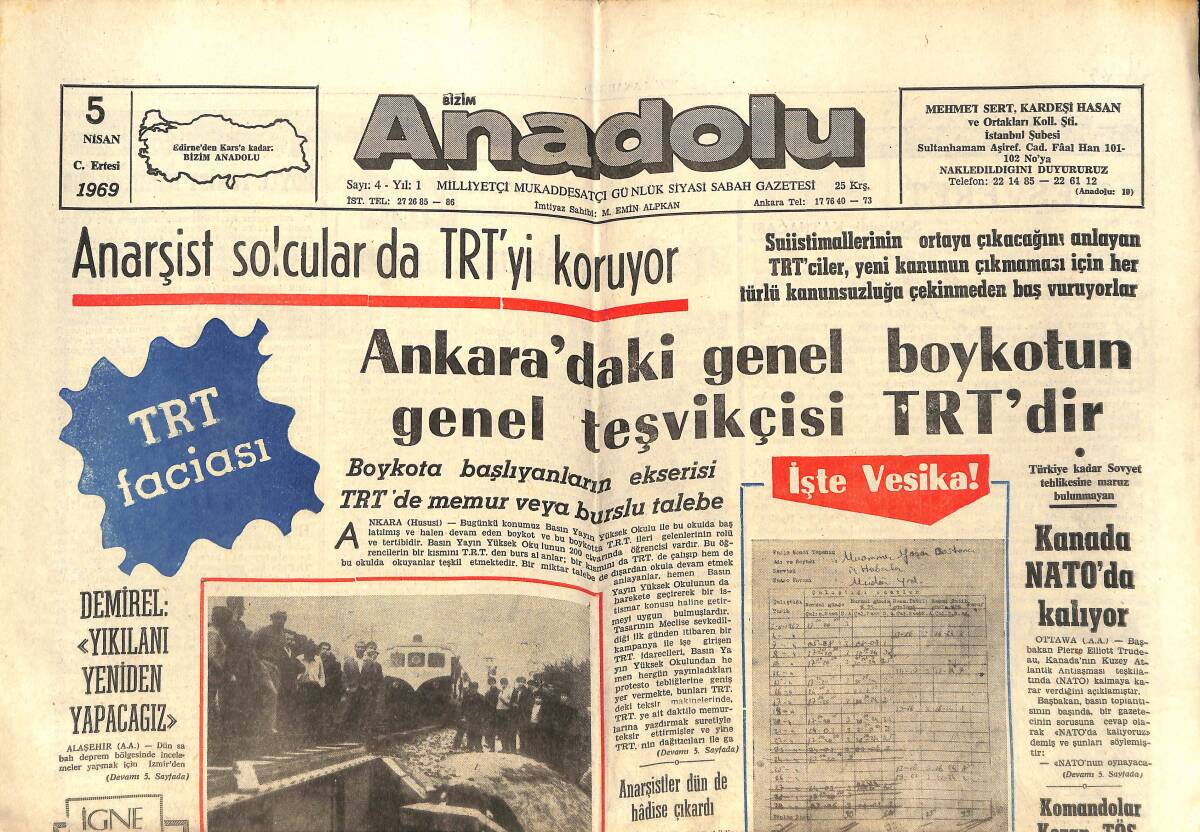 Bizim Anadolu Gazetesi 5 Nisan 1969 - Kanada NATO'da Kalıyor - Anarşist Solcular da TRT'yi Koruyor GZ149394 - 1