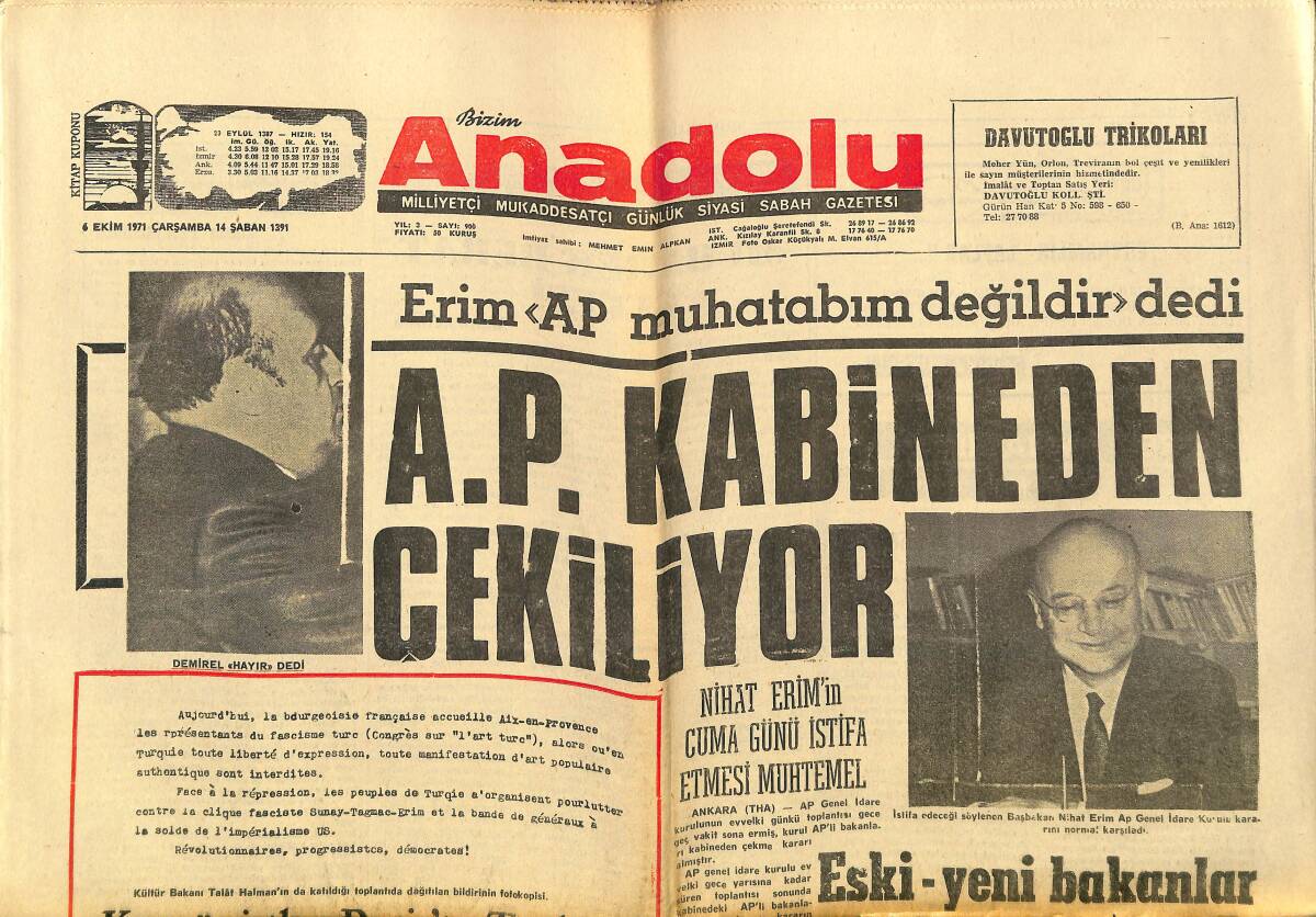 Bizim Anadolu Gazetesi 6 Ekim 1971 - AP Kabineden Çekiliyor - İnönü Kriz Geçirdi - Şıhlı Belediye Reisi Öldürüldü GZ149841 - 1