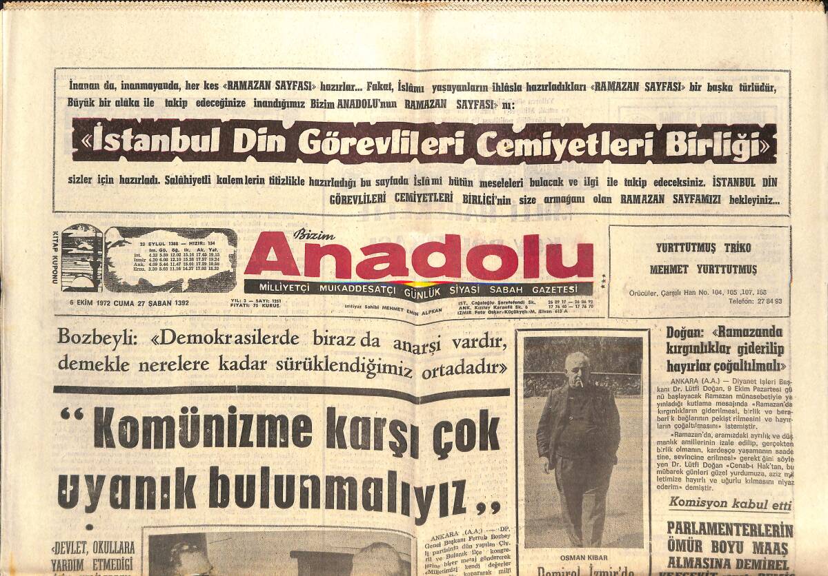 Bizim Anadolu Gazetesi 6 Ekim 1972 - Bulgaristan'daki Türk'lerin Türkçe Konuşması Yasaklandı - Bir THY Uçağı Toprağa Çakıldı GZ138915 - 1