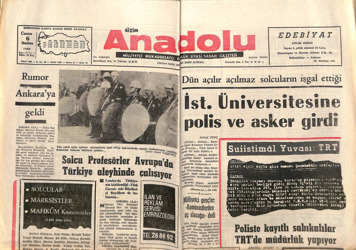 Bizim Anadolu Gazetesi 6 Haziran 1969 - Rumor Ankara'ya Geldi - Komünist Zirve Toplantısı Dün Moskova'da Başladı GZ141078 - 1