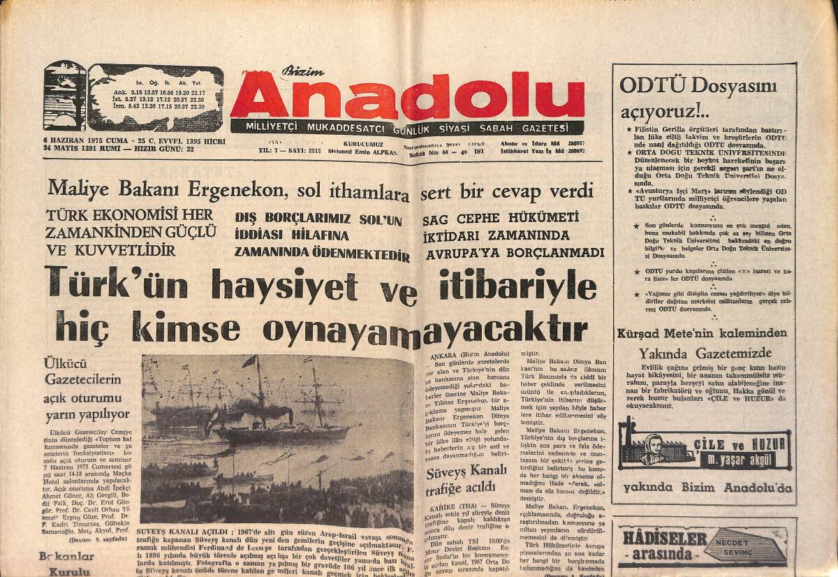 Bizim Anadolu Gazetesi 6 Haziran 1975 - Korutürk Şiraz'da Törenle Karşılandı - Türkeş Yarın İstanbul'a Geliyor GZ158720 - 1