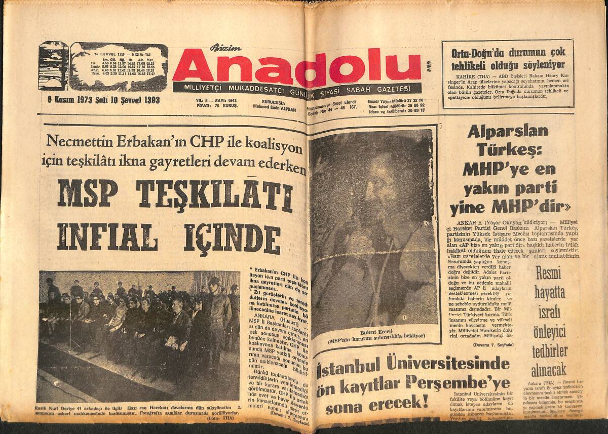 Bizim Anadolu Gazetesi 6 Kasım 1973 - Galatasaray Galibi Beşiktaş Liderliğe Yükseldi - İstanbul Üniversitesi Ön Kayıtlar GZ141008 - 1