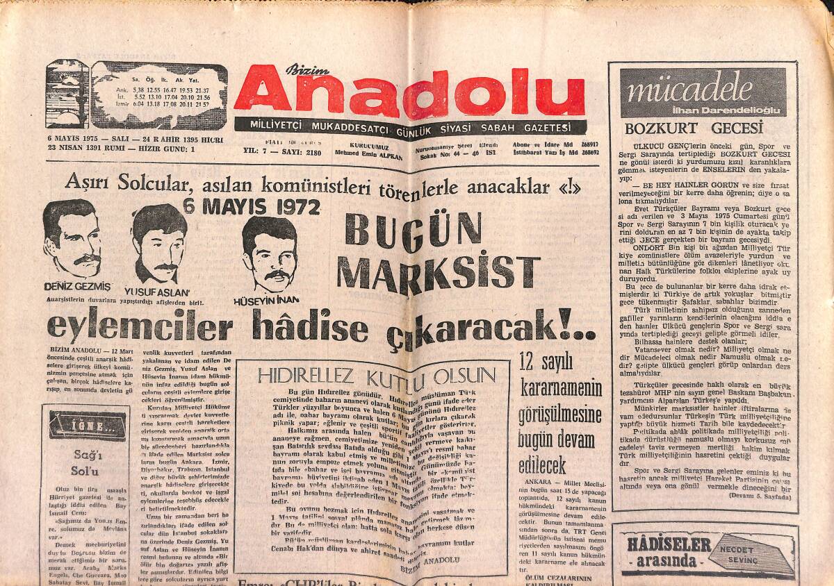 Bizim Anadolu Gazetesi 6 Mayıs 1975 - Feyzioğlu Ankara'ya Gitti - Demirel Halıcılık Öğrencilerini Tebrik Etti GZ140828 - 1
