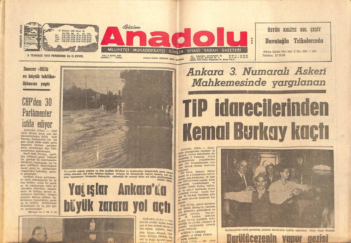Bizim Anadolu Gazetesi 6 Temmuz 1972 - 10 Bin Polonyalı Esiri Ruslar Vahşice Öldürmüş - TİP İdarecilerinden Kemal Burkay Kaçtı GZ138929 - 1