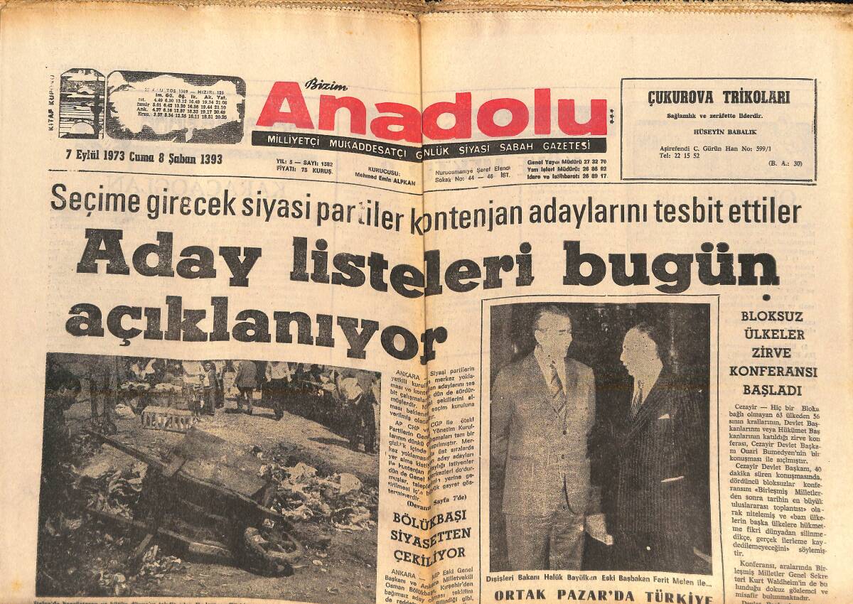 Bizim Anadolu Gazetesi 7 Eylül 1973 - Bölükbaşı Siyasetten Çekiliyor - Nixon, Yeni Dışişleri Bakanı Kissinger'i Çin'e Gönderecek GZ138966 - 1