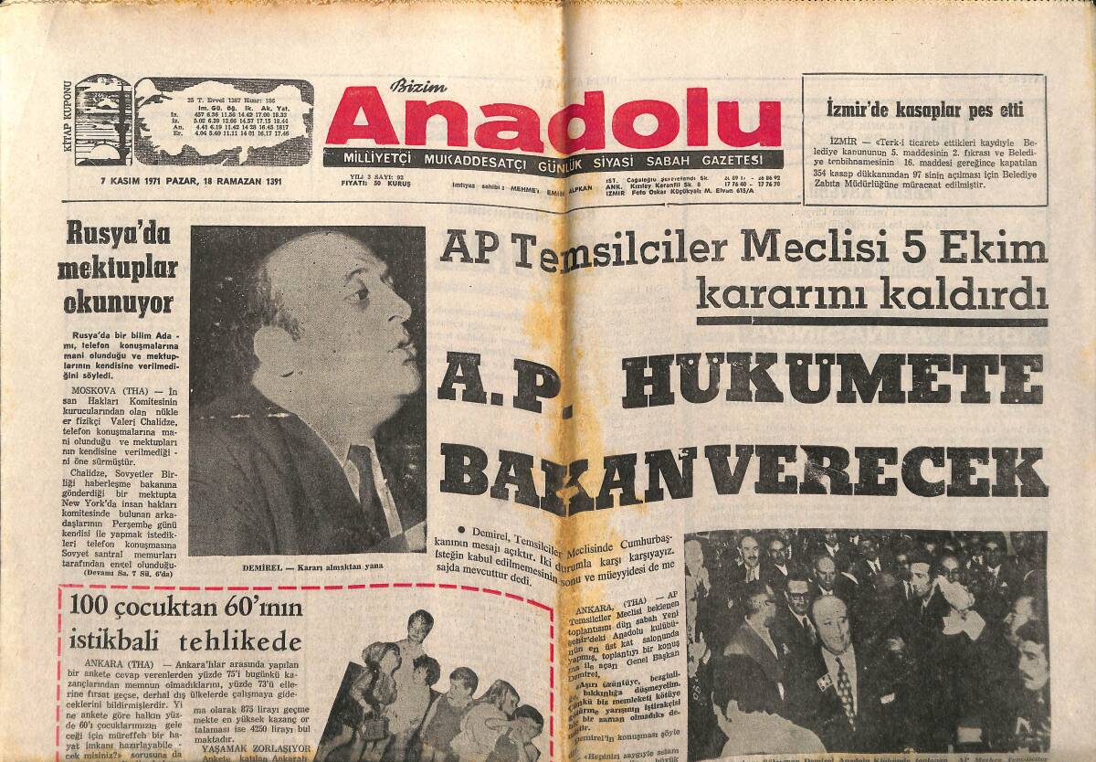 Bizim Anadolu Gazetesi 7 Kasım 1971 - AP Hükümete Bakan Verecek - Hamza Sadi Özbek'i Kaybettik - G. Saray Defans Beşiktaş Ofans Yapacak! GZ140627 - 1