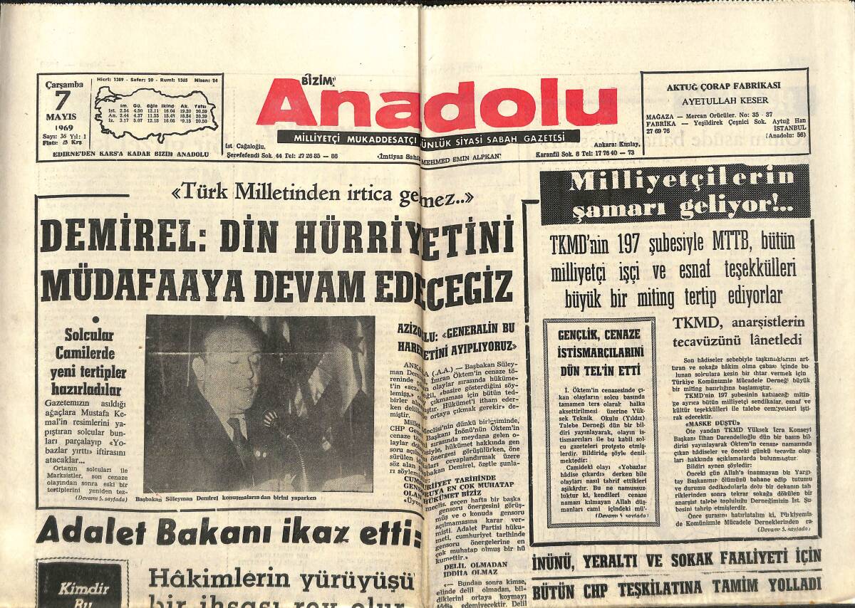 Bizim Anadolu Gazetesi 7 Mayıs 1969 - Demirel : Din Hürriyetini Müdafaaya Devam Edeceğiz - Milliyetçiler İlmi Semineri Toplanıyor GZ140763 - 1