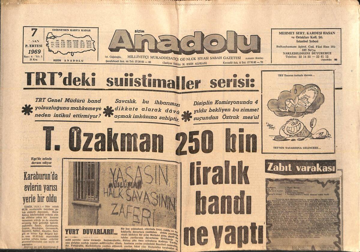 Bizim Anadolu Gazetesi 7 Nisan 1969 - T. Ozakman 250 Bin Liralık Bandı Ne Yaptı - Başbakan Demirel Ankara'ya Döndü - M. Ali Para İçin Dövüşmeyecek GZ138789 - 1