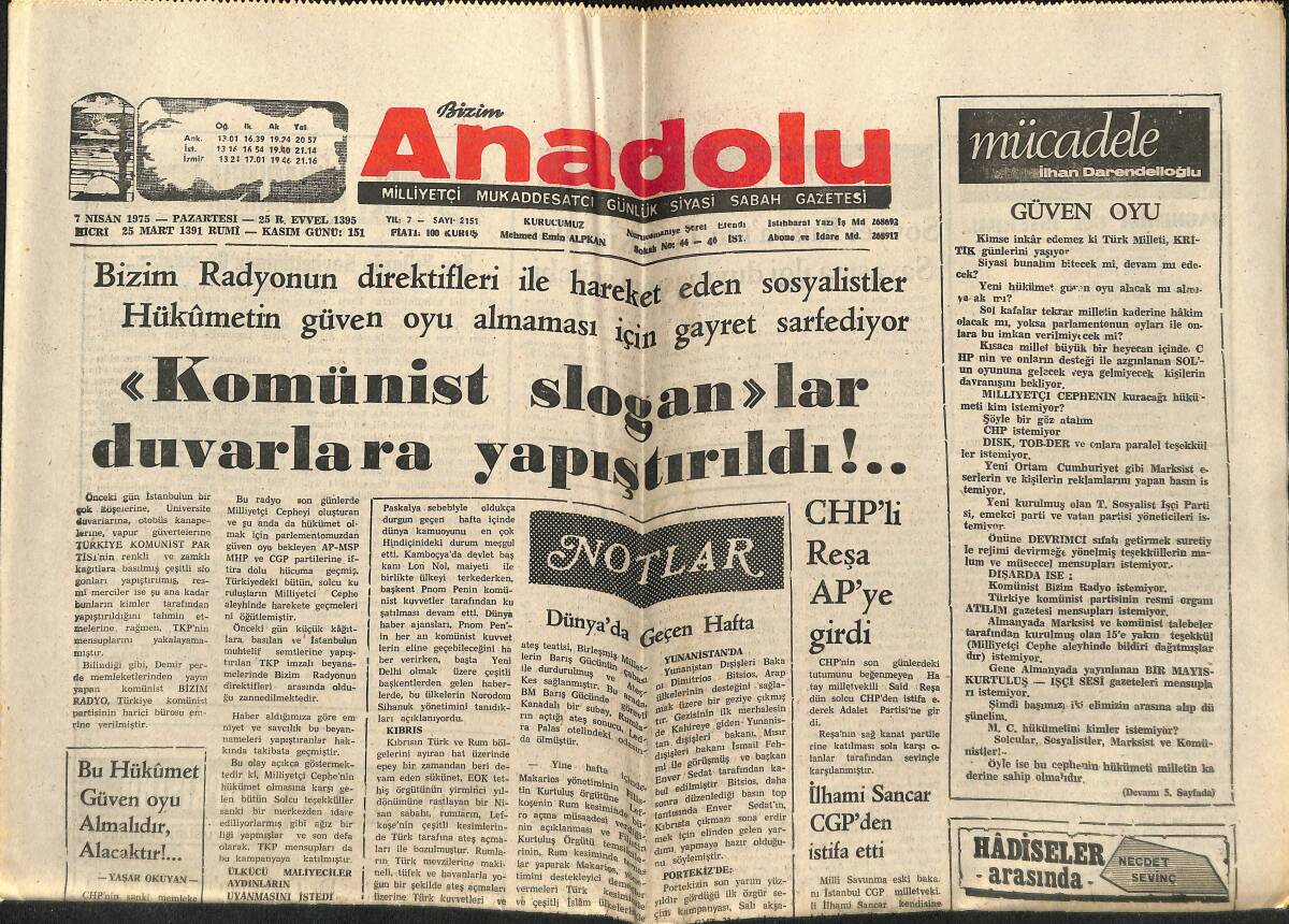 Bizim Anadolu Gazetesi 7 Nisan 1975 - Komünist Sloganlar Duvarlara Yapıştırıldı - Chp'li Belediye Reisinden Şikayetler Gitgide Artıyor! GZ140639 - 1