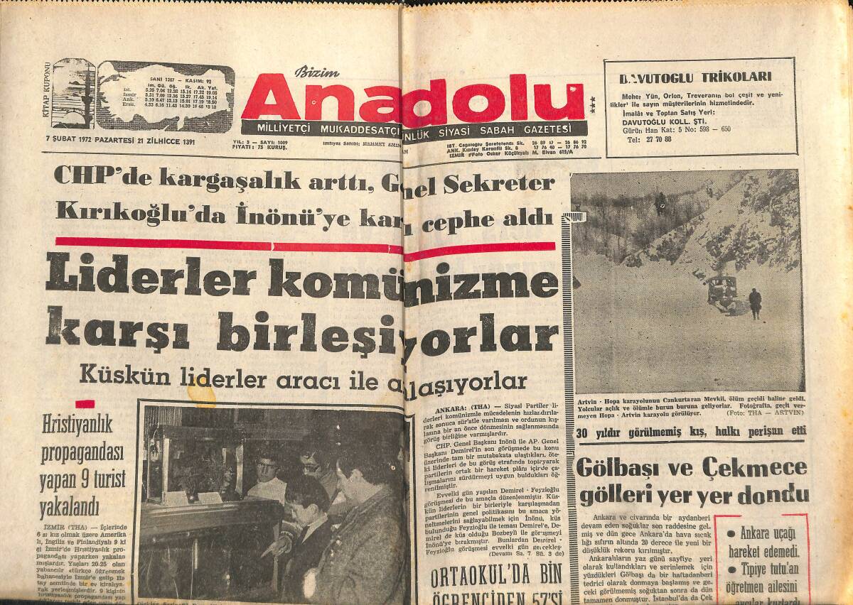 Bizim Anadolu Gazetesi 7 Şubat 1972 - Gölbaşı Ve Çekmece Gölleri Yer Yer Dondu - Grivas , Tedhişçilerini Alarm Durumuna Geçirdi GZ140771 - 1